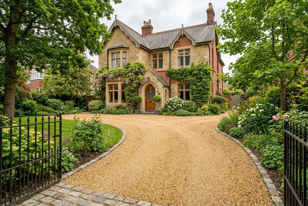 Golden gravel sweep with sett edging before a Victorian villa with mature planting