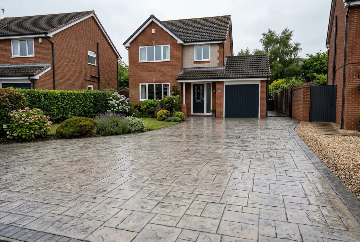 Grey-buff ashlar slate imprinted concrete driveway before a suburban detached house