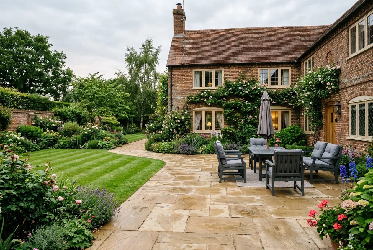Warm limestone patio with garden furniture behind a period brick house