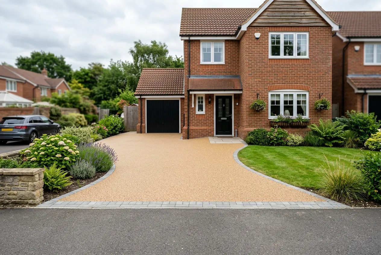 Natural golden resin bound driveway before a modern brick house